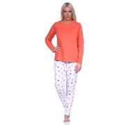 Normann Lässiger Damen Schlafanzug lang mit tollem Farbzusammenspiel - Blumen/Streifen, Farbe:apricot, Größe:36-38