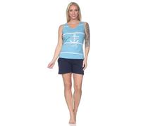 Normann Maritimer ärmelloser Damen Shorty Schlafanzug mit Anker als Motiv - auch in Übergröße, Farbe:hellblau, Größe:56-58