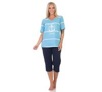 Normann Maritimer Damen Kurzarm Capri Schlafanzug Shorty mit Anker Motiv - auch in Übergröße, Farbe:hellblau, Größe:36-38