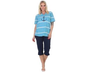 Normann Maritimer Damen Kurzarm Capri Schlafanzug Shorty mit Anker Motiv - auch in Übergröße, Farbe:hellblau, Größe:40-42
