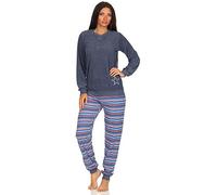 NORMANN-Wäschefabrik Damen Frottee Pyjama lang mit Bündchen - Hose gestreift - auch in Übergrössen - 291 93 236, Farbe:blau-Melange, Größe2:44/46