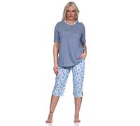 NORMANN-Wäschefabrik Eleganter Damen Pyjama Schlafanzug Kurzarm mit Capri-Hose und Spitze - auch in Übergrössen, Farbe:hellblau, Größe:36-38