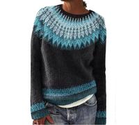 Norweger Pullover Damen Große Größen Strickpullover Rundhals Pulli Langarm Sweater Norwegermuster Warme Winterpullover Oberteile Lockere Jumpers Klamotten Winter Herbstmode,C Blau,S