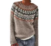 Norweger Pullover Damen Große Größen Strickpullover Rundhals Pulli Langarm Sweater Norwegermuster Warme Winterpullover Oberteile Lockere Jumpers Klamotten Teenager Mädchen Herbstmode,A Kaffee,4XL