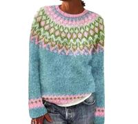 Norweger Pullover Damen Große Größen Strickpullover Rundhals Pulli Langarm Sweater Norwegermuster Warme Winterpullover Oberteile Lockere Jumpers Klamotten Winter Herbstmode,C Hellblau,XXL