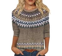 Norweger Pullover Damen Strickpullover Rundhals Pulli 3/4-Arm Pullunder Norwegermuster Warme Winterpullover Oberteile Lockere Jumpers Klamotten Teenager Mädchen Sweater,A Hellbraun,3XL