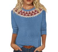 Norweger Pullover Damen Strickpullover Rundhals Pulli 3/4-Arm Pullunder Norwegermuster Warme Winterpullover Oberteile Lockere Jumpers Klamotten Teenager Mädchen Sweater,B Blau,S