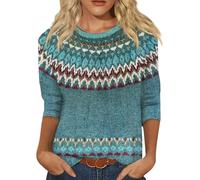 Norweger Pullover Damen Strickpullover Rundhals Pulli 3/4-Arm Pullunder Norwegermuster Warme Winterpullover Oberteile Lockere Jumpers Klamotten Teenager Mädchen Sweater,A Blau,3XL
