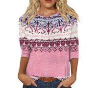 Norweger Pullover Damen Strickpullover Rundhals Pulli 3/4-Arm Pullunder Norwegermuster Warme Winterpullover Oberteile Lockere Jumpers Klamotten Teenager Mädchen Sweater,B Rosa,L