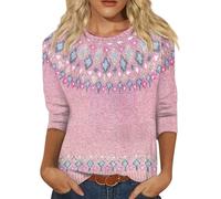 Norweger Pullover Damen Strickpullover Rundhals Pulli 3/4-Arm Pullunder Norwegermuster Warme Winterpullover Oberteile Lockere Jumpers Klamotten Teenager Mädchen Sweater,B Hellrosa,XL