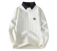 Norweger Pullover Herren, Herren Strickpullover Slim Fit Winterpullover, Casual Fashion Loose False Zweiteiliger Gestreifter Rundhals Pullover (White XXL)