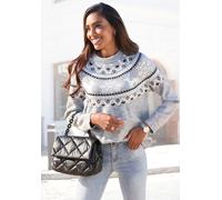 Norwegerpullover LASCANA, Damen, Gr. 32/34, grau (grau meliert), Strick, Obermaterial: 84% Polyacryl, 8% Polyamid, 6% Polyester, 2% Elasthan, gemustert, figurumspielend hüftlang, Rundhals, Raglanärmel