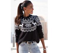 Norwegerpullover LASCANA, Damen, Gr. 36/38, schwarz, Strick, Obermaterial: 84% Polyacryl, 8% Polyamid, 6% Polyester, 2% Elasthan, gemustert, figurumspielend hüftlang, Rundhals, Raglanärmel, Pullover N