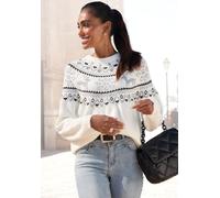 Norwegerpullover LASCANA, Damen, Gr. 36/38, weiß, Strick, Obermaterial: 84% Polyacryl, 8% Polyamid, 6% Polyester, 2% Elasthan, gemustert, figurumspielend hüftlang, Rundhals, Raglanärmel, Pullover Norw