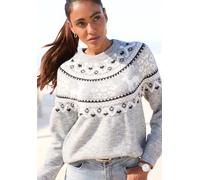 Norwegerpullover LASCANA, Damen, Gr. 40/42, grau (grau meliert), Strick, Obermaterial: 84% Polyacryl, 8% Polyamid, 6% Polyester, 2% Elasthan, gemustert, figurumspielend hüftlang, Rundhals, Raglanärmel