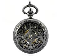 NOURIS Taschenuhr und Kette,Retro-Handaufzug, mechanische Taschenuhr mit Anhängerkette, hohles Skelett-Zifferblatt for Herren, schwarzer Stahl, modische Quarz-Taschenuhr, Geschenke