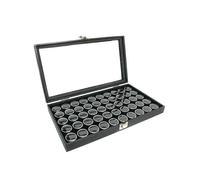 Novel Box Große Schmuckvitrine 14,75 x 8,25 x 2,1 cm + kleine Gläser mit 50 Edelsteinen, Glas-Schmuckschatulle mit Deckel und schwarzem Tablett, Schaumstoffeinsatz, Aufbewahrungsbox mit