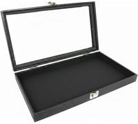 Novel Box Novel BoxR Large Glass Top Black Leatherette Metal Clasp Jewelry Display Case 14.75X8.25X2.1 + Custom NB Pouch by