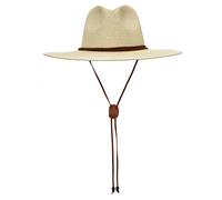 NOVINS Strohhut mit breiter Krempe Damen Herren mit Kinnriemen Sommer Garten Strand Sonnenhut Band Krawatte UPF 50+ (Farbe: Beige, Größe: 56-58 cm)