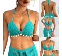 NPXUAMTJ Gestrickte Strand Badeanzug Tops Für Frauen BH Mit Muscheln Neckholder String Badeanzüge Oberteil Zum Schwimmen Strandmode Damen Badeanzüge Gestrickter Strand BH