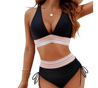 nsiaot Bikini Damen Set 2025 Neu Sexy Badeanzug Bademode Hohe Taille Farbblock Zweiteiliger Kordelzug Badeanzüge Bikinis Swimsuit