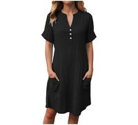 nsiaot Musselin Kleid Damen Sommerkleid Knielang Casual Strandkleid Kurzarm Kleid Damen Leinen Kleider Sommer Shirtkleider Freizeitkleid mit Taschen