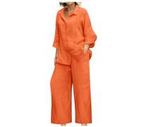 NSICBMNO 2-teiliges Outfit für Damen, Leinen Co Ord Sets, Sommer-Lounge-Kleidung Sets, Übergröße, weite Beinhosen, übergroße Hemden mit Knopfleiste, lässiger Trainingsanzug, Langarm-Tops