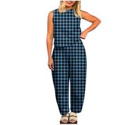 NSICBMNO Co Ord Sets für Damen, Sommer, Loungewear, Set, kariert, Pyjama, ärmellos, Weste, Tops, Baggy-Hosen, 2-teilige Outfits, karierte Pyjamahose, Baumwoll-Tops, lässiger Trainingsanzug