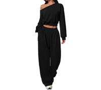 NSICBMNO Co Ord Sets für Damen, Trainingsanzug-Set, 2-teilig, langärmelig, bauchfrei, weites Bein, Jogger, Reise-Outfit, Flughafen-Set, übergroßer Pullover, Baggy-Hose, Lounge-Sets, Activewear Gym, A