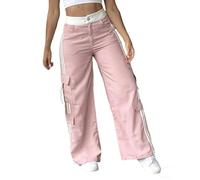 NSICBMNO Damen-Cargohose mit Taschen, gerades Bein, gestreifte Sweathose, elastische Taille, Jogger, Outdoor, Walking, Wandern, leichte Jogginghose, Y2K, Streetwear, Rosa, XXL