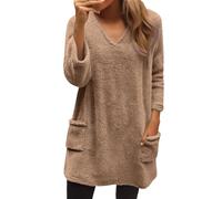 NSICBMNO Damen-Fleece-Oberteil, langärmelig, Oversize-Pullover, lange Pullover mit Taschen, flauschiges Sweatshirt, Tunika, Top, Damen, V-Ausschnitt, flauschiges Tunika-Oberteil, Winterpullover