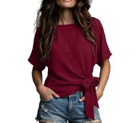 NSICBMNO Damen-Sommer-Top, übergroße T-Shirts, Rundhalsausschnitt, kurzärmelig, Bluse, Boho-Tunika, Top, lockeres Hemd, elegant, lässig, Blusen, Arbeit, Strand, B Rot, XL