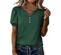 NSICBMNO Damen-Sommer-Top, V-Ausschnitt, Puff, kurze Ärmel, elegante Tunika, Tops, lockere Passform, Blusen, Knopf-Shirt, lässige Blusen, Basic-T-Shirts, Büro, Arbeit, Oberteil, Übergröße, A Green, XL