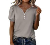 NSICBMNO Damen-Sommer-Top, V-Ausschnitt, Puff, kurze Ärmel, elegante Tunika, Tops, lockere Passform, Blusen, Knopf-Shirt, lässige Blusen, Basic-T-Shirts, Büro, Arbeit, Oberteil, Übergröße, A Grau, 3XL