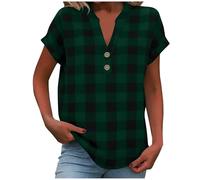 NSICBMNO Karierte Hemden für Damen, kurzärmelig, Blusen, V-Ausschnitt, lässig, Tunika, Top, Cowgirl-Top, gebogener Saum, langes T-Shirt, kariertes Hemd, Ausgehen, Büro, Arbeit, A Green, XXL