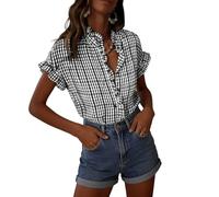 NSICBMNO Karierte Hemden für Damen, kurzärmelig, Knopfleiste, V-Ausschnitt, Rüschenblusen, Gingham-Karo, Tunika, Top, Business, Freizeit, Arbeit Blusen, A Schwarz, XL