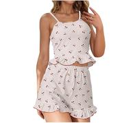 NSICBMNO Kurzer Schlafanzug für Damen, gerippt, Loungewear-Sets, Rüschen-Pyjama, 2-teilig, Sommer-Outfits, Erdbeer-Pyjama, Spagthetti-Träger-Tanktop, bauchfreies Camisole mit elastischer Taille