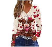 NSICBMNO Langärmeliges Oberteil für Damen, V-Ausschnitt, übergroße T-Shirts, Tunika, Tops, Baggy-Sweatshirts, Herz-Top, Valentinstag, T-Shirts, Casau, lockere Blusen, Damen-Sport-Top für Freizeit