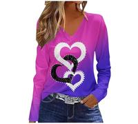NSICBMNO Langärmeliges Oberteil für Damen, V-Ausschnitt, übergroße T-Shirts, Tunika, Tops, Baggy-Sweatshirts, Herz-Top, Valentinstag, T-Shirts, Casau, lockere Blusen, Damen-Sport-Top für Freizeit