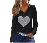 NSICBMNO Langärmeliges Oberteil für Damen, V-Ausschnitt, übergroße T-Shirts, Tunika, Tops, Baggy-Sweatshirts, Herz-Top, Valentinstag, T-Shirts, Casau, lockere Blusen, Damen-Sport-Top für Freizeit