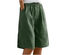 NSICBMNO Leinen-Shorts für Damen, Sommer-Shorts mit Taschen, knielang, zum Hineinschlüpfen, Bermuda-Shorts, weites Bein, elastische Taille, Shorts, lange Shorts, Hotpants, lässige Strand-Shorts