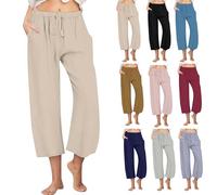 NSICBMNO Leinenhose für Damen, weites Bein, Loungehose, elastische Taille, kurze Hose, Kordelzug, Sweathose, Baumwollleinen, Sommer, Palazzo-Hose, Damen, Freizeithose mit Taschen, Größe S-3XL, 02