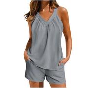 NSICBMNO Lounge-Sets für Damen, 2-teiliges Outfit, Sommer-Pyjama, ärmellos, Tank-Tops, Radfahr-Shorts, Loungewear-Set mit Taschen, V-Ausschnitt, Weste, Shorts, Co-Ord-Set, kurzer Schlafanzug für
