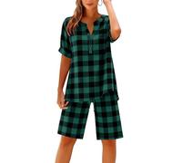 NSICBMNO Loungewear-Sets für Damen, 2-teiliges Outfit, kariertes Pyjama-Set, Baumwolle, Leinen, Übergröße, V-Ausschnitt, knielange Shorts, Reise-Outfit, Flughafen-Set, Sommerurlaubs-Outfits, A Green