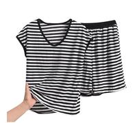 NSICBMNO Loungewear-Sets für Damen, Übergröße, 2-teiliges Outfit, gestreifter Schlafanzug, Modal, kurzärmelig, Tops, V-Ausschnitt, T-Shirts, weite Bein-Shorts, Sommer, Co-Ord-Sets, lässiger
