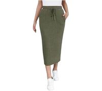 NSICBMNO Midi-Röcke für Damen, Bleistiftrock, elastische Taille, gerippter Strickrock, langer Rock, Cargo-Rock, figurbetonter Rock, Y2K, lässiger Winterrock, gerader Rock, Kordelzug, Streetwear,