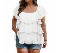 NSICBMNO Oberteil in Übergröße für Damen, elegant, lässig, Blusen, quadratischer Ausschnitt, Rüschenbluse, Flügelärmel, T-Shirt, mehrlagiges Tunika-Top, Chiffon-Blusen, Babydoll-Top, A White, 4XL