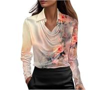 NSICBMNO Satin-Bluse für Damen, V-Ausschnitt, langärmelig, Tunika, Top, elegante Seidenblusen, florales Boho-Top, elegante Hemden, lässige Bluse, lockeres Hemd für Arbeit, Party, Business, Urlaub