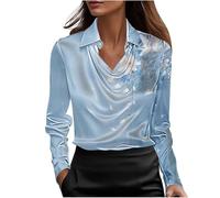 NSICBMNO Satin-Bluse für Damen, V-Ausschnitt, langärmelig, Tunika, Top, elegante Seidenblusen, florales Boho-Top, elegante Hemden, lässige Bluse, lockeres Hemd für Arbeit, Party, Business, Urlaub
