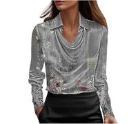 NSICBMNO Satin-Bluse für Damen, V-Ausschnitt, langärmelig, Tunika, Top, elegante Seidenblusen, florales Boho-Top, elegante Hemden, lässige Bluse, lockeres Hemd für Arbeit, Party, Business, Urlaub